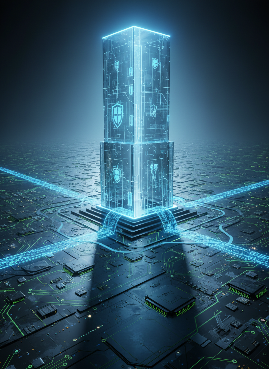 A stylized digital fortress rendered as a translucent glass tower emerging from a dark, abstract circuit-board landscape. The tower’s surface is etched with faint grid lines and glowing blue security icons, while pulsing data streams flow like rivers of light around its base. The environment resembles a vast, metallic plain of interconnected traces and microchips fading into the distance. A cool, cinematic backlight creates a subtle halo around the tower, casting long, intricate shadows across the circuitry. Captured from a low-angle, wide-lens perspective for a grand, protective feel, the composition emphasizes the tower as a symbol of resilience. The photographic realism is blended with high-end digital visualization, resulting in a bold, dynamic, and futuristic atmosphere.