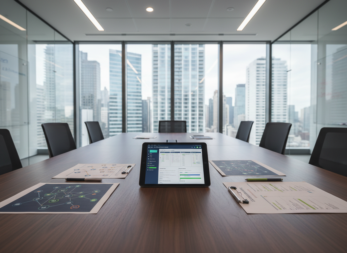 A minimalist conference table of dark, matte walnut centered in a glass-walled meeting room, with a single open tablet on the surface displaying a cybersecurity strategy roadmap: timelines, risk categories, and compliance milestones in a clear, corporate color palette. Around the tablet lie neatly aligned printed diagrams of network architectures and regulatory checklists, each with subtle color coding. Soft natural daylight filters through large windows with city high-rises in the distance, complemented by recessed ceiling lights that create gentle, diffuse illumination. Shot from a slightly elevated, wide-angle perspective, the table fills the foreground while the office environment recedes in soft focus. The overall photographic composition feels calm, organized, and strategic, perfectly reflecting a methodical, advisory cybersecurity services approach.