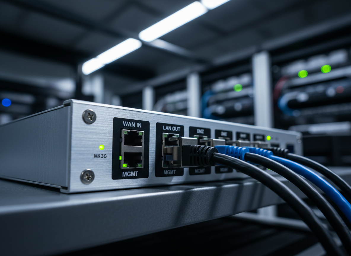 A close-up, macro-style view of a hardened network firewall device with a brushed-metal chassis, clearly labeled security ports, and tightly secured cables snapped firmly into place. The device sits in a tidy rack shelf against a backdrop of blurred, out-of-focus network gear, suggesting a larger protected infrastructure. Focused overhead LED strips cast clean, white light that creates crisp highlights along the metal edges and subtle shadows beneath the connectors. The image is shot from a low, three-quarter angle, making the front panel and its indicators the primary focal point while the background smoothly recedes into soft bokeh. The mood is precise and methodical, emphasizing reliability and attention to detail in a photographic, high-clarity style tailored for a professional cybersecurity context.