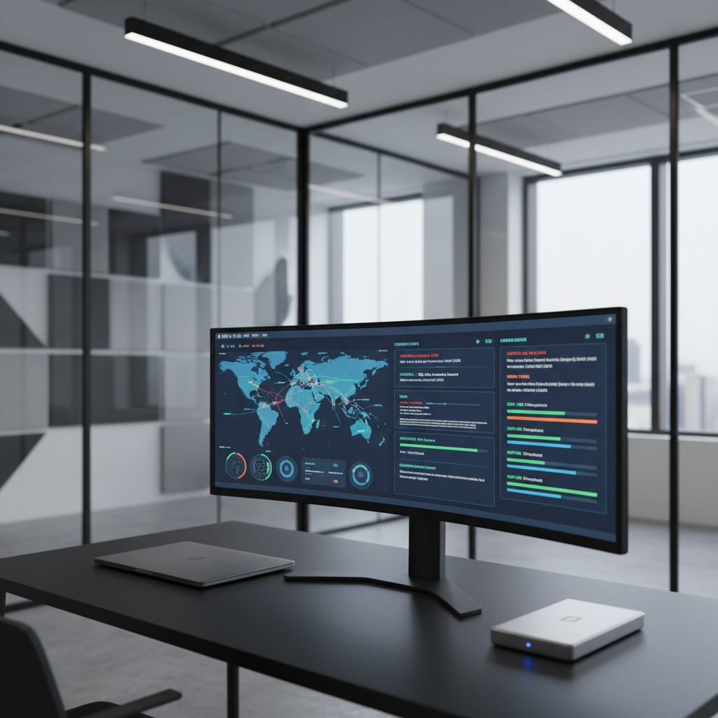 A large, ultra-wide curved monitor on a minimalist matte-black desk displaying a detailed cybersecurity dashboard with threat maps, real-time alerts, and compliance status indicators in crisp blues, greens, and amber. Beside the monitor, a closed brushed-aluminum laptop and a slim, encrypted external drive rest on the surface. The room is a modern, glass-partitioned office with geometric acoustic panels and a faint city skyline visible through tinted windows. Cool, diffused daylight mixes with subtle overhead LED strips, creating balanced, low-glare illumination. Captured from a slightly elevated angle with a shallow depth of field, the monitor’s interface is crystal clear while the background gently softens, conveying precision, control, and quiet confidence in a photographic, clean, and modern style.